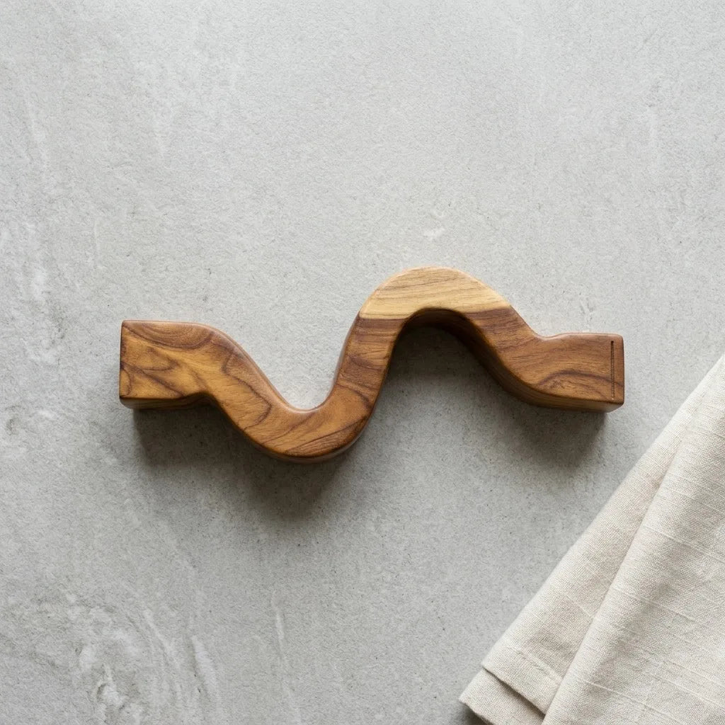 Teak wood candle holder in a wavy design for stylish decor