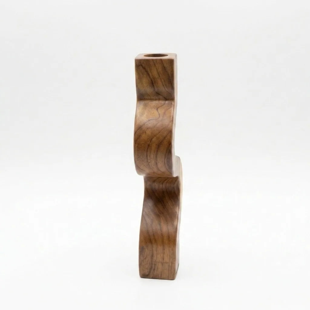 Teak candle holder in a unique wavy design for elegant decor