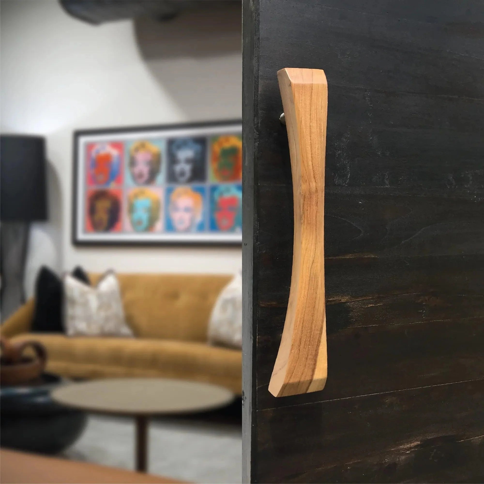 Wood Ceylon natural wooden sliding door handle mounted on dark sliding door in modern living room
