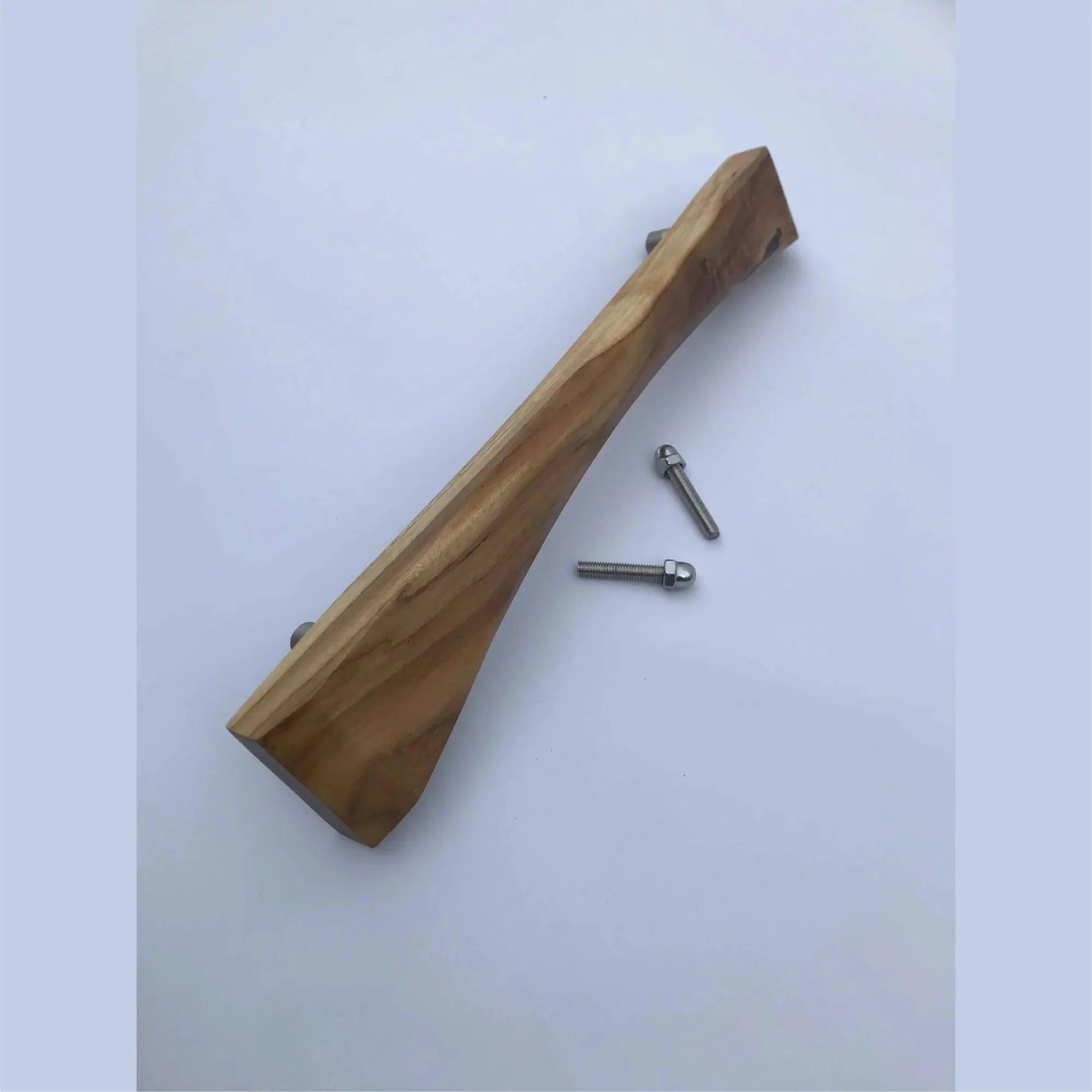 Wood Ceylon handcrafted wooden sliding door handle with accompanying bolts on white background