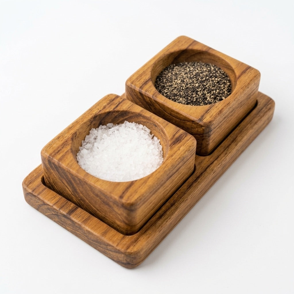 Handmade teak wood salt and pepper cellar set with two square containers and matching wooden tray