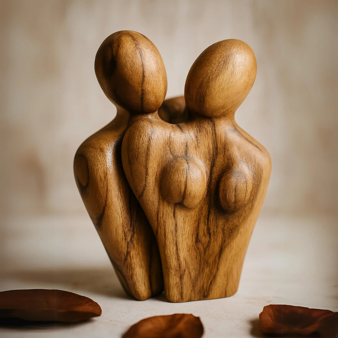 Handcrafted wood couple sculpture in natural finish, symbolizing love and unity in home decor
