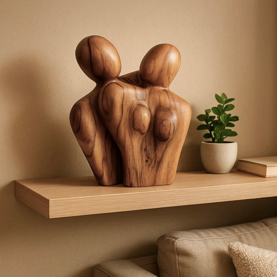 Wood couple sculpture in a modern design, showcasing elegance and warmth for home decor