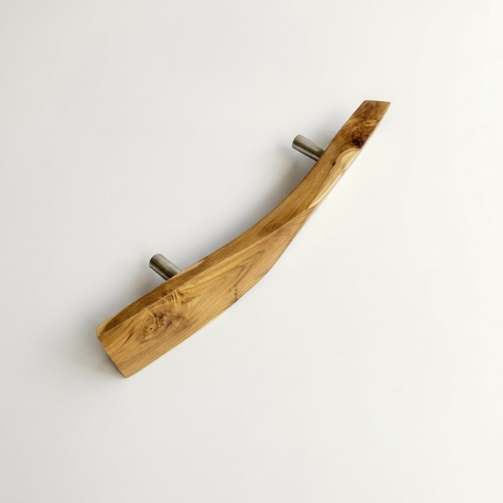 Teak wood door handle with a sleek design and natural finish