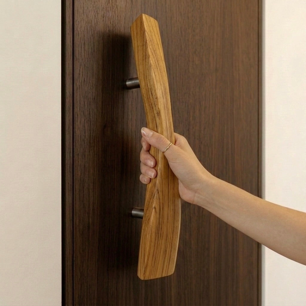 Elegant wood door handle in teak finish for stylish entryways