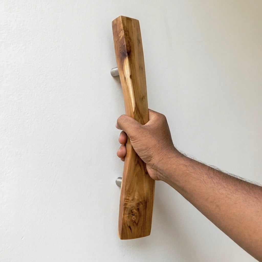 Teak wood door handle in natural finish for stylish entryways