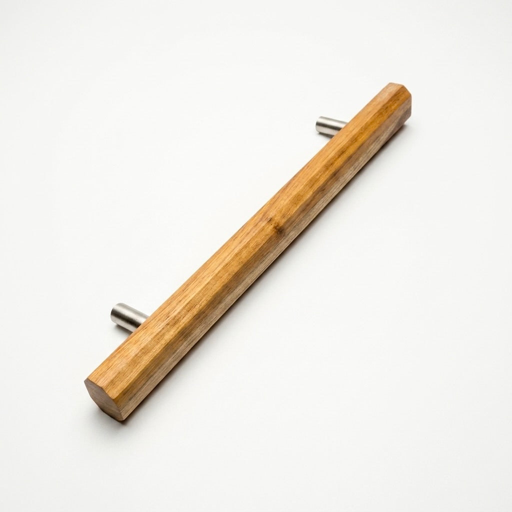 Wood Door Pull Handle in teak finish with stainless steel ends