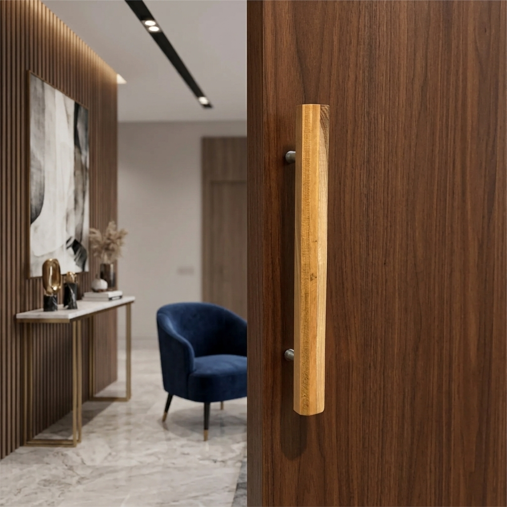 Teak wood door pull handle in natural finish for modern interiors