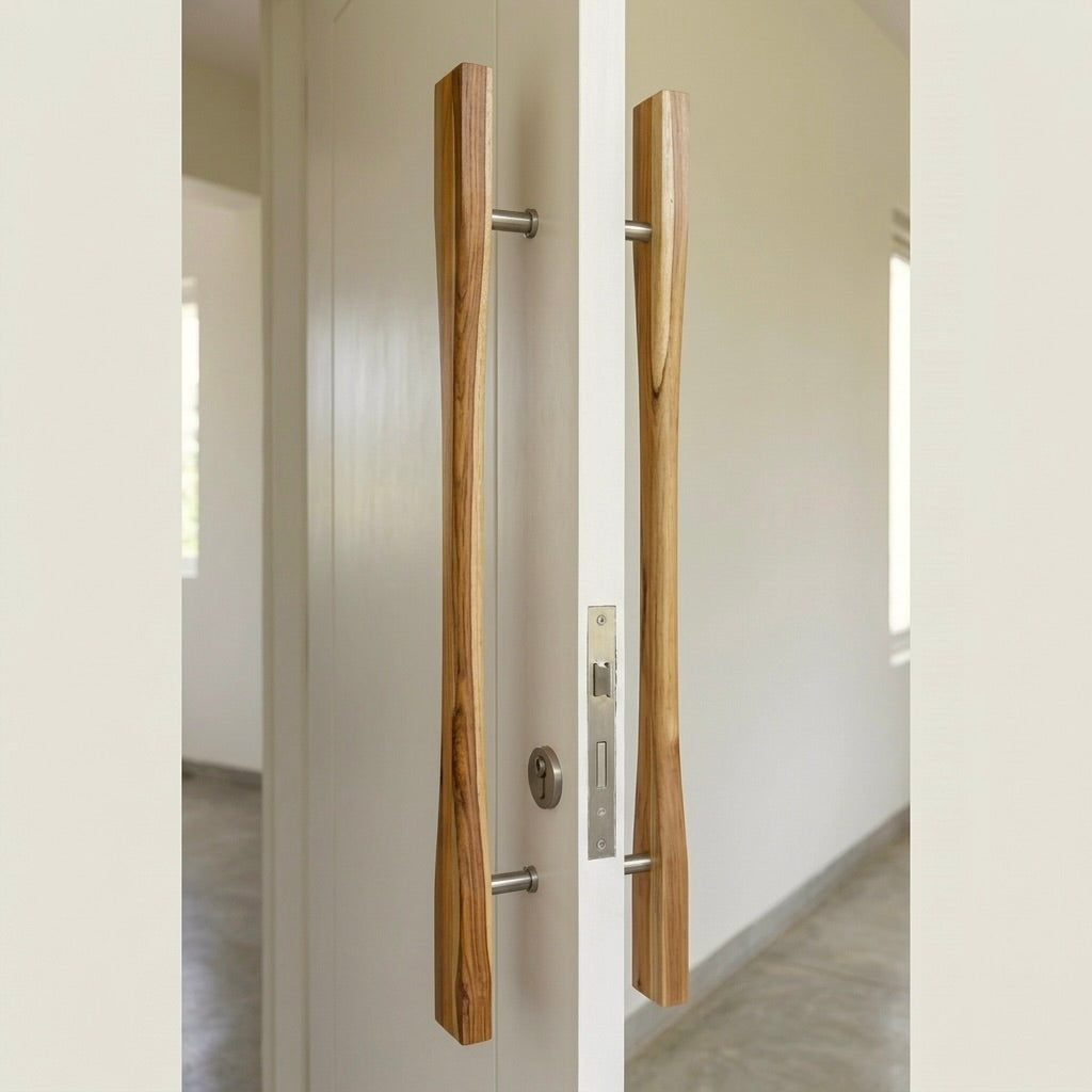 Wood Entrance Door Pull Handle in teak with a natural finish for stylish entryways
