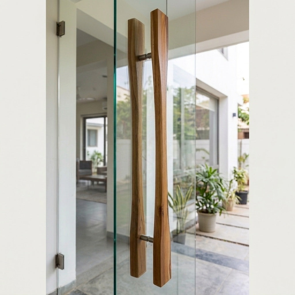 Wood Entrance Door Pull Handle crafted from teak in natural finish for modern glass doors
