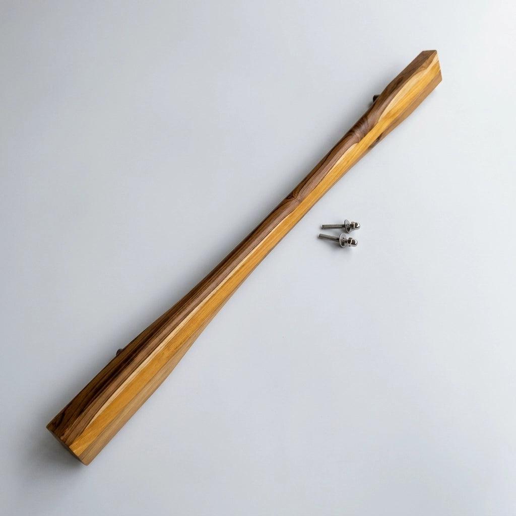 Wood Entrance Door Pull Handle in natural teak finish with metal screws