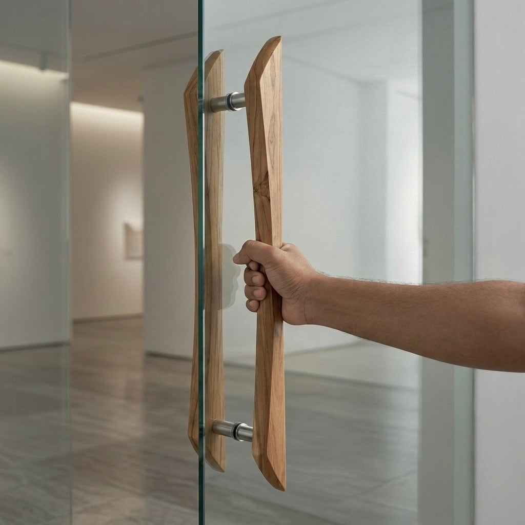 Wood Ladder Pull Handle in teak finish for modern glass doors