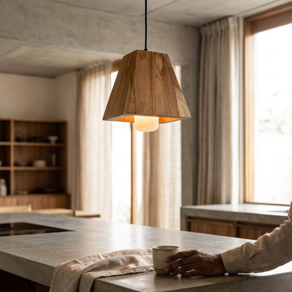 Wood Pendant Light Cover in teak finish, ideal for modern kitchens