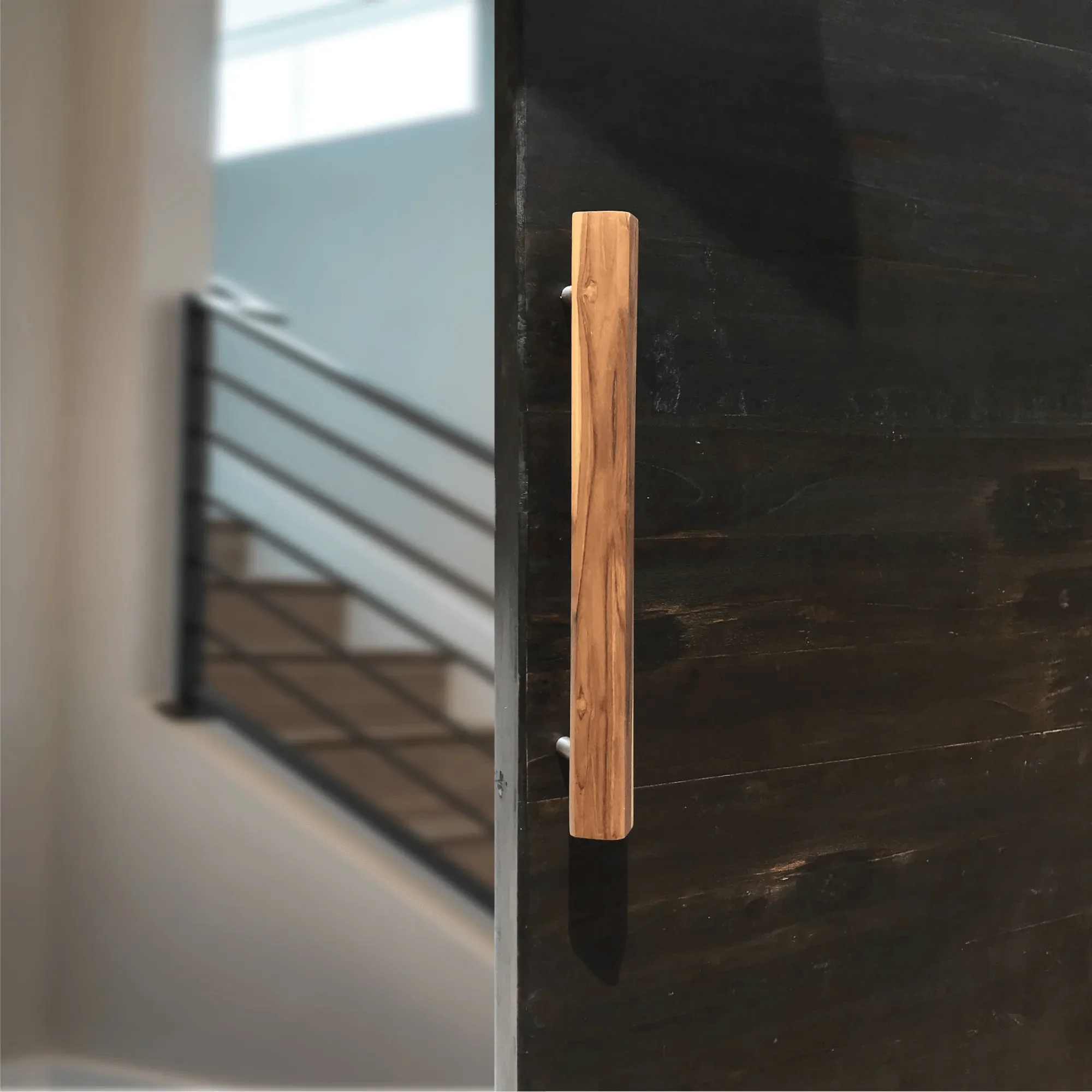 Wood Ceylon wood Storm Door Handle mounted on dark wood door in modern interior