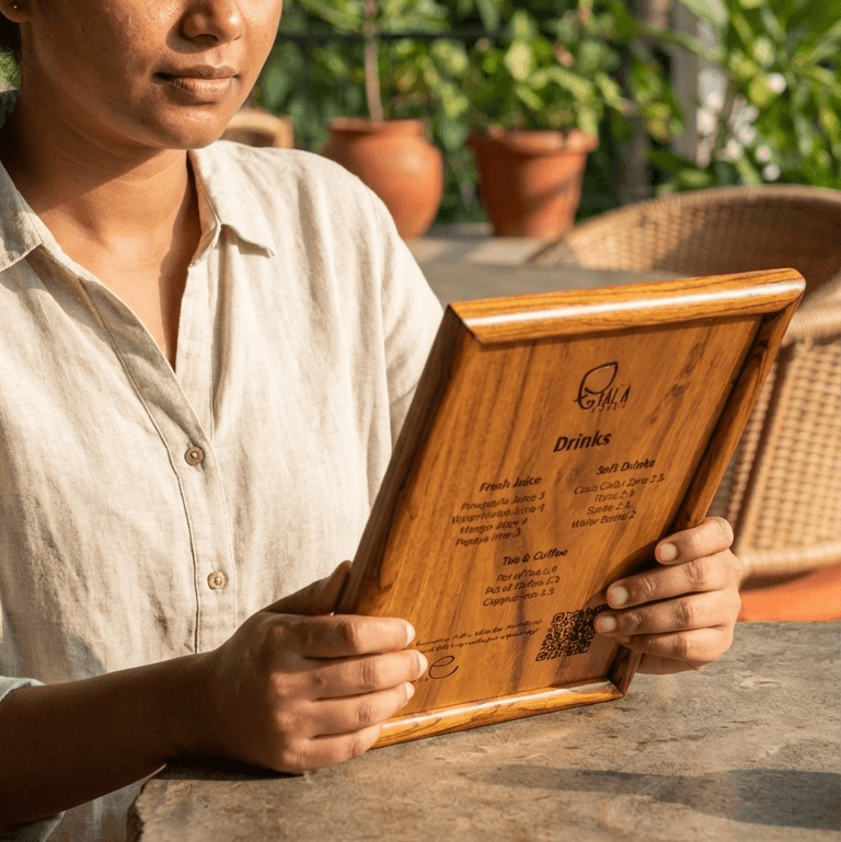 wood ceylon laser engrave menu card design double sided