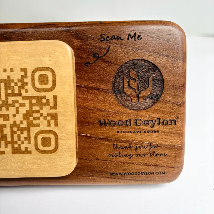Wood Ceylon personalized qr code sign with engraved logo and thank you message on wooden plaque