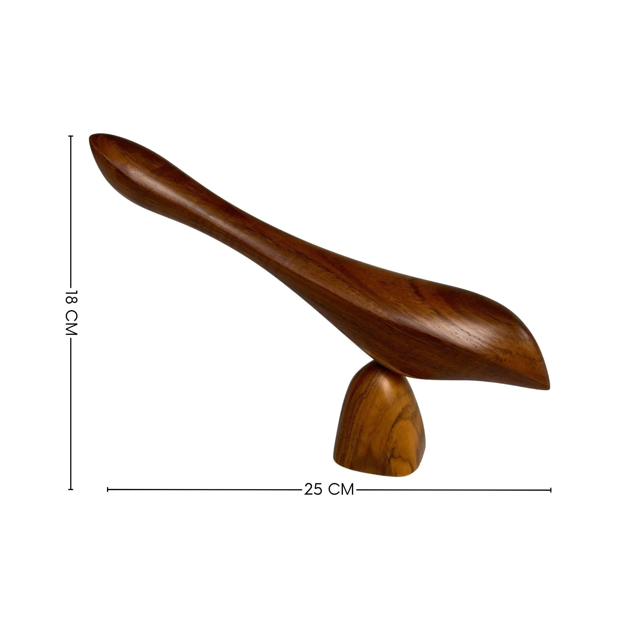Wooden bird sculpture by Wood Ceylon with smooth finish in brown wood measuring 25 cm by 18 cm