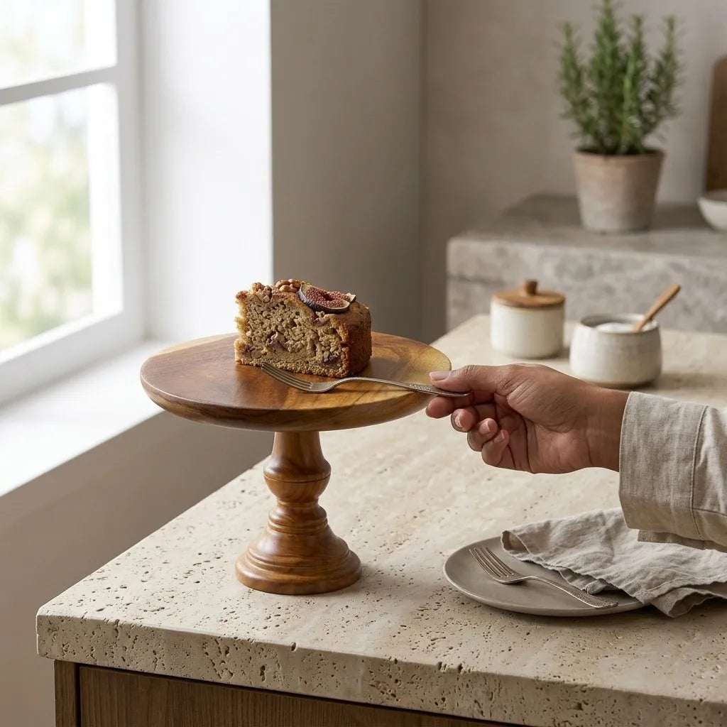 Wooden Cake Stand made from teak, showcasing a tasty cake