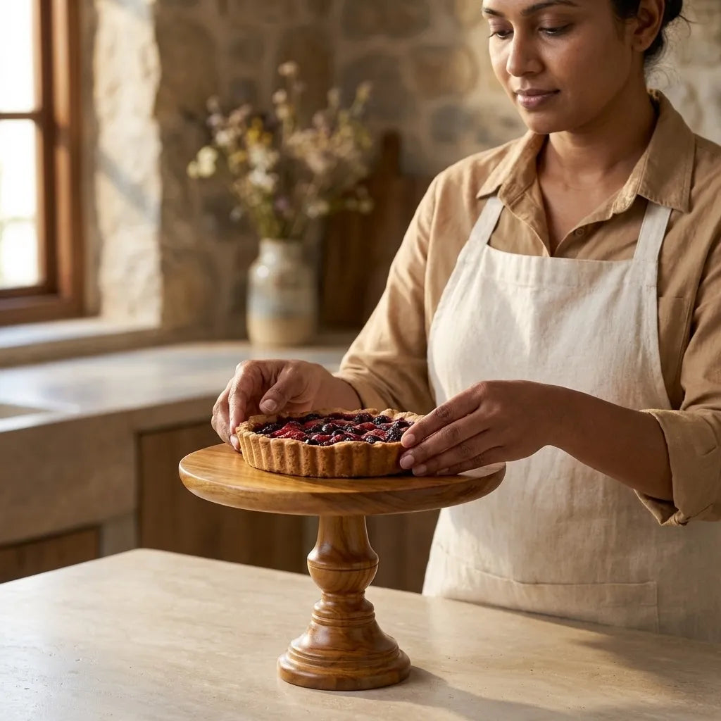 Wooden Cake Stand in teak finish for elegant dessert presentations