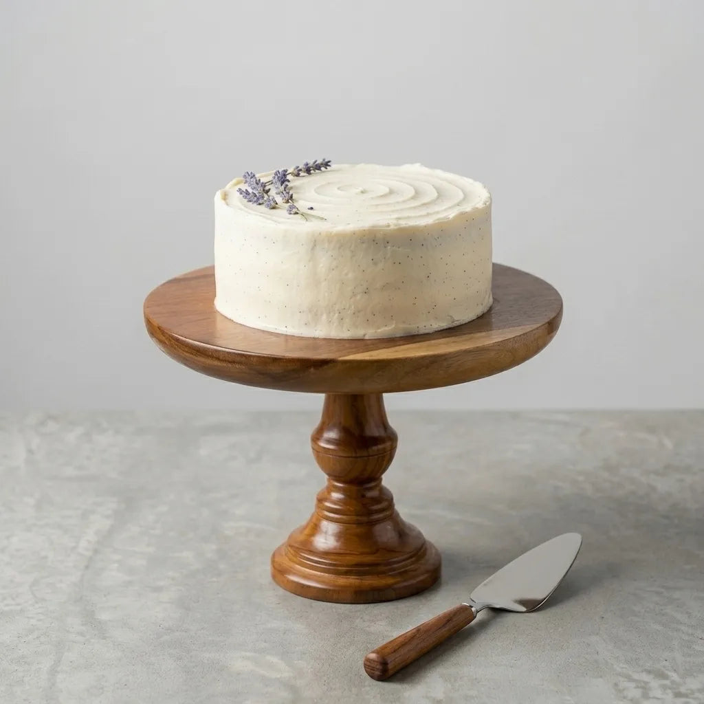 Wooden Cake Stand in teak finish, ideal for displaying cakes.