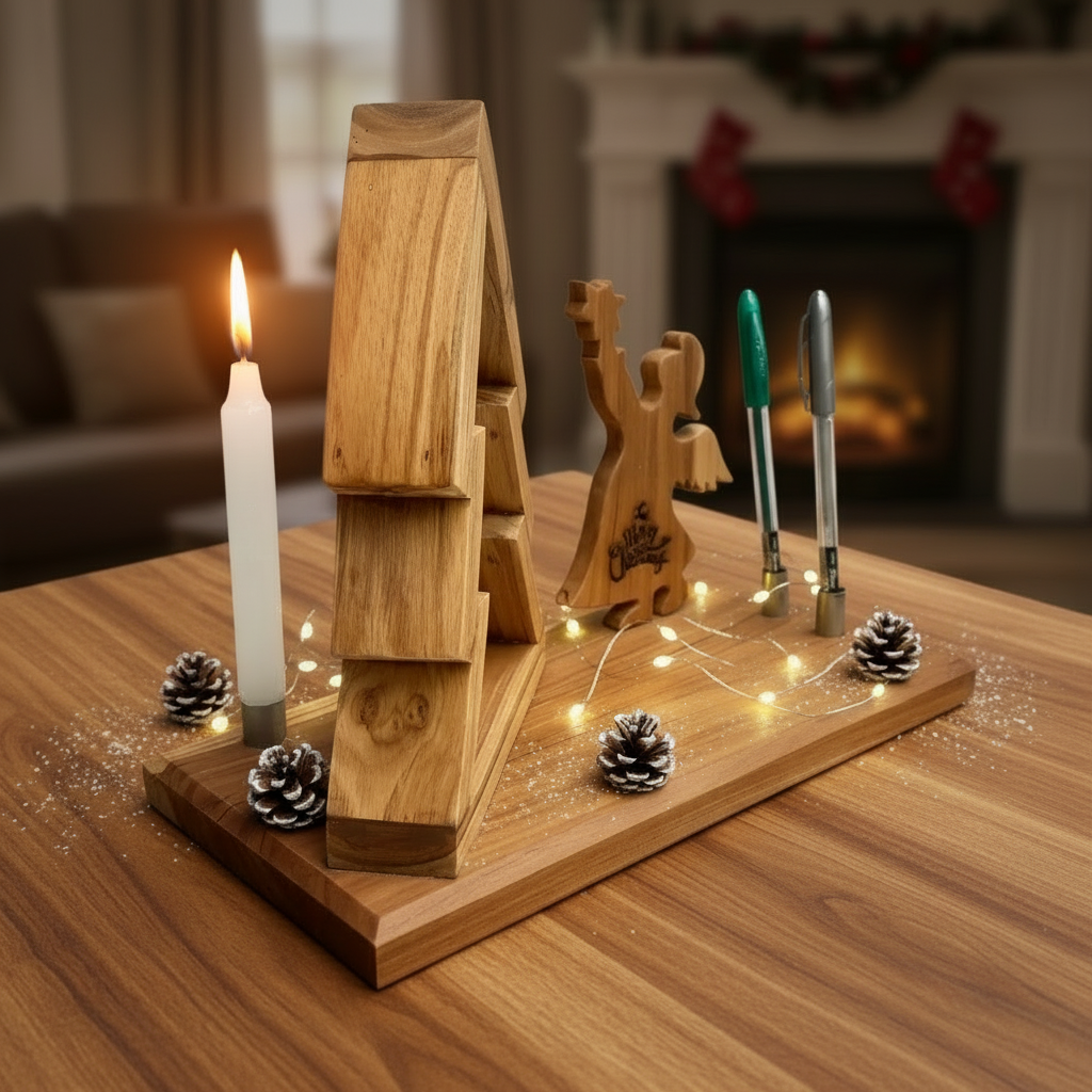 Wood Christmas Tree with Angel - Pen & Candle Holder