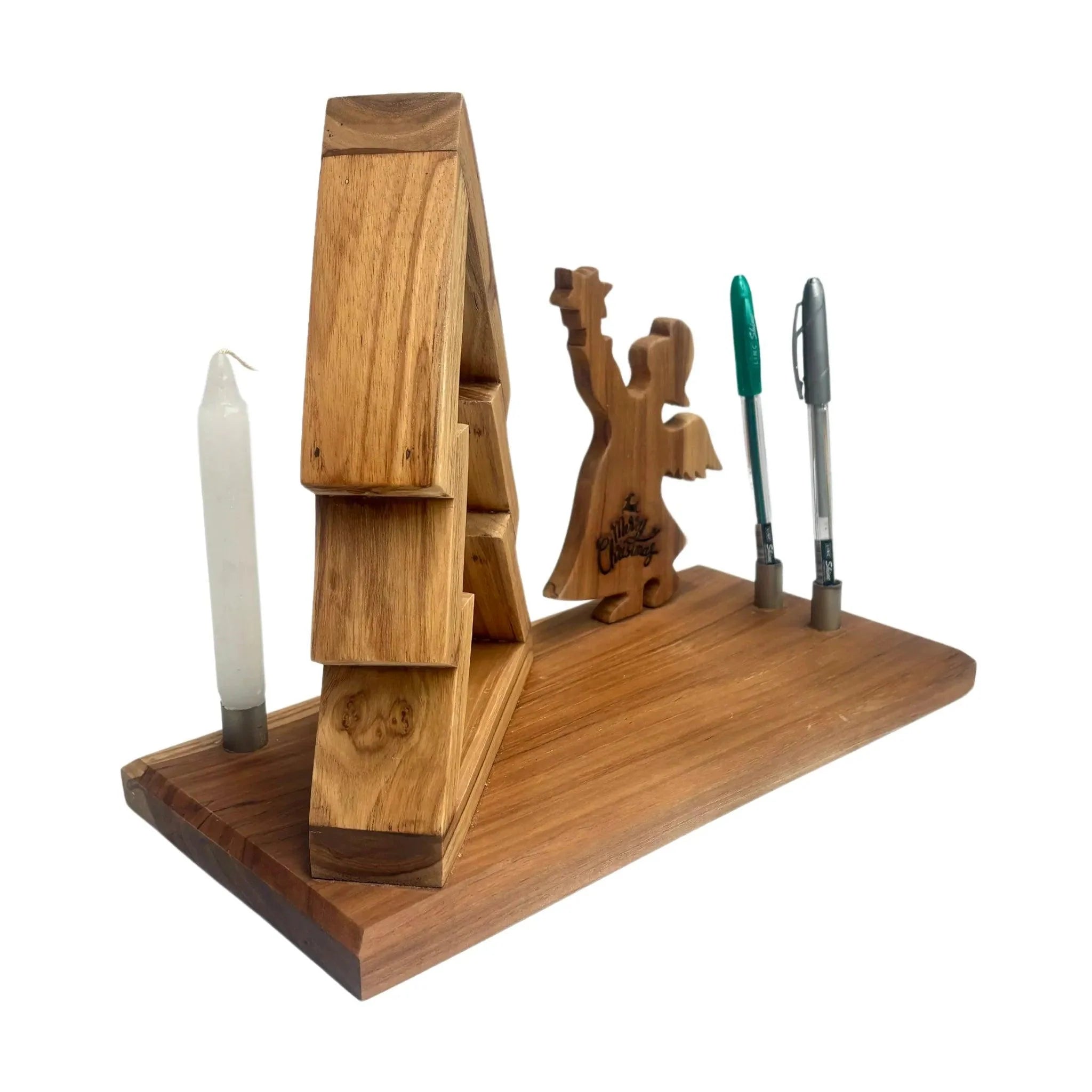Wood Ceylon wooden Christmas Tree with Angel decorative pen and candle holder on a rectangular base