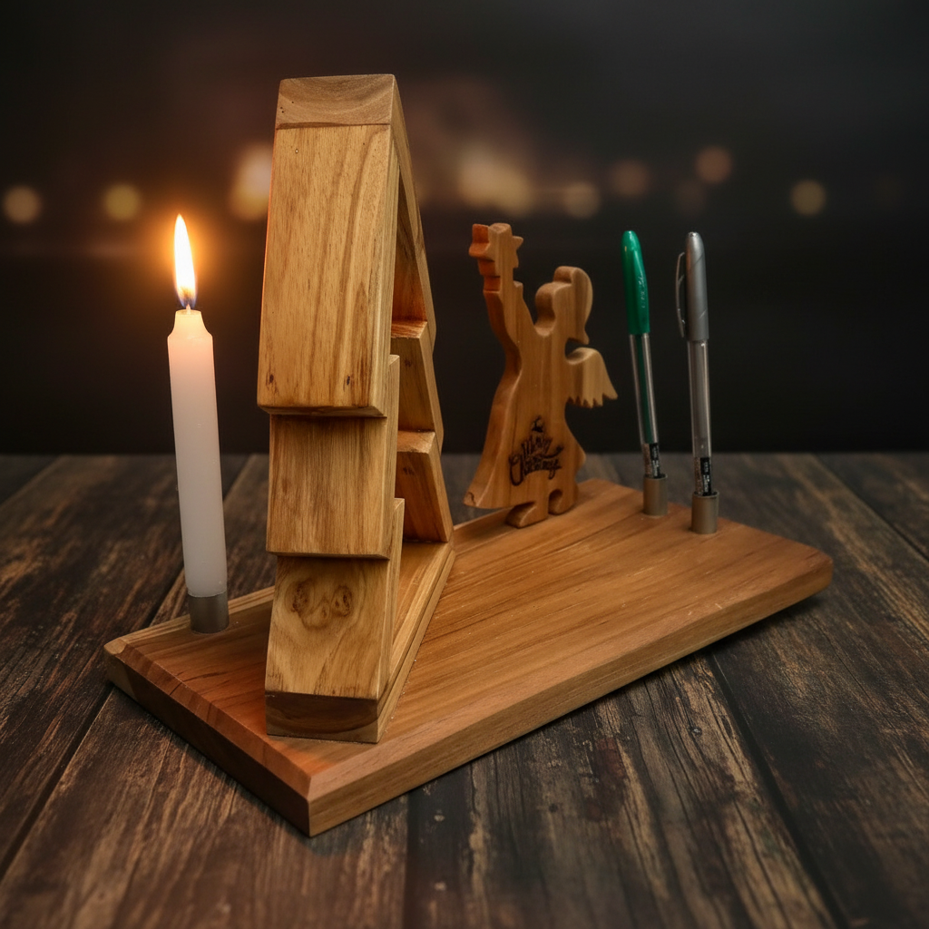 Wood Christmas Tree with Angel - Pen & Candle Holder