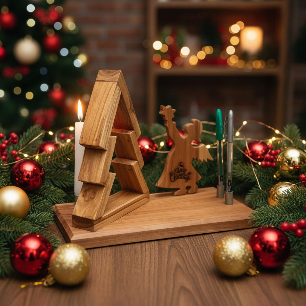 Wood Christmas Tree with Angel - Pen & Candle Holder