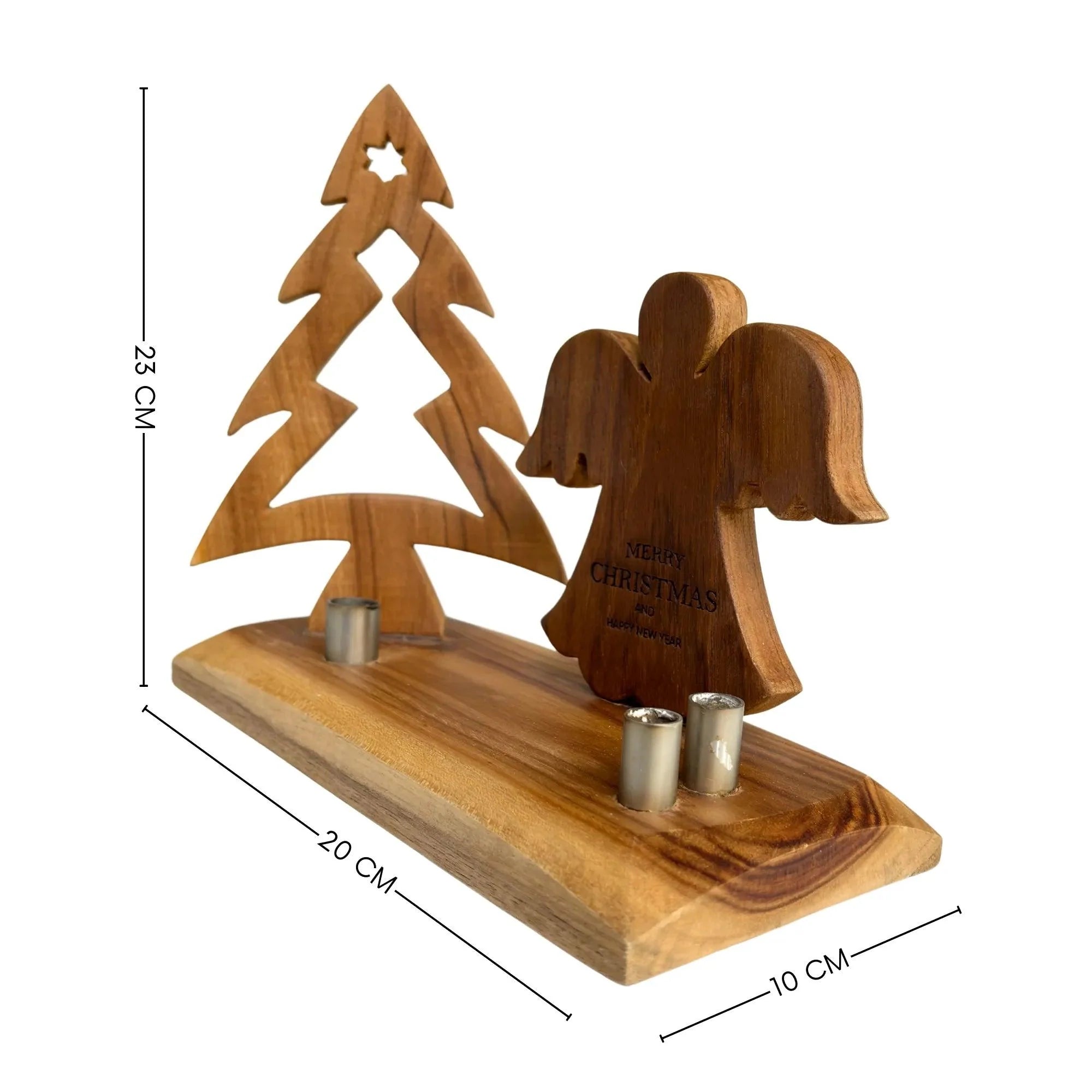 Wooden Christmas Tree with Angel decoration featuring engraved Merry Christmas text and candle holders