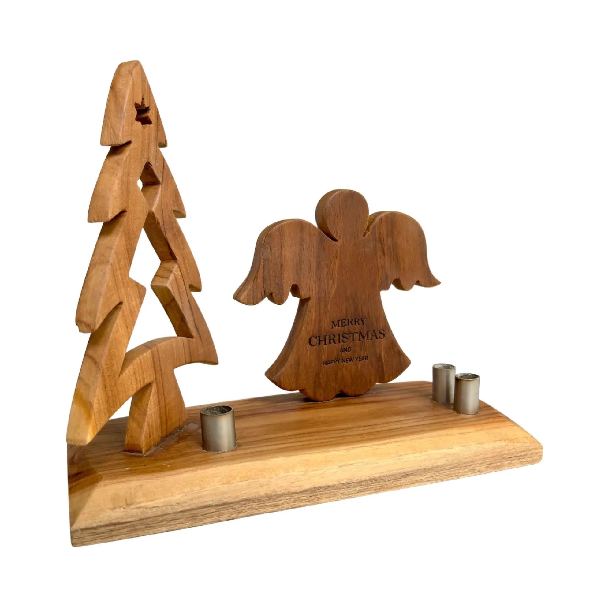 Wood Ceylon wooden Christmas Tree with Angel decor on wooden base with candle holders