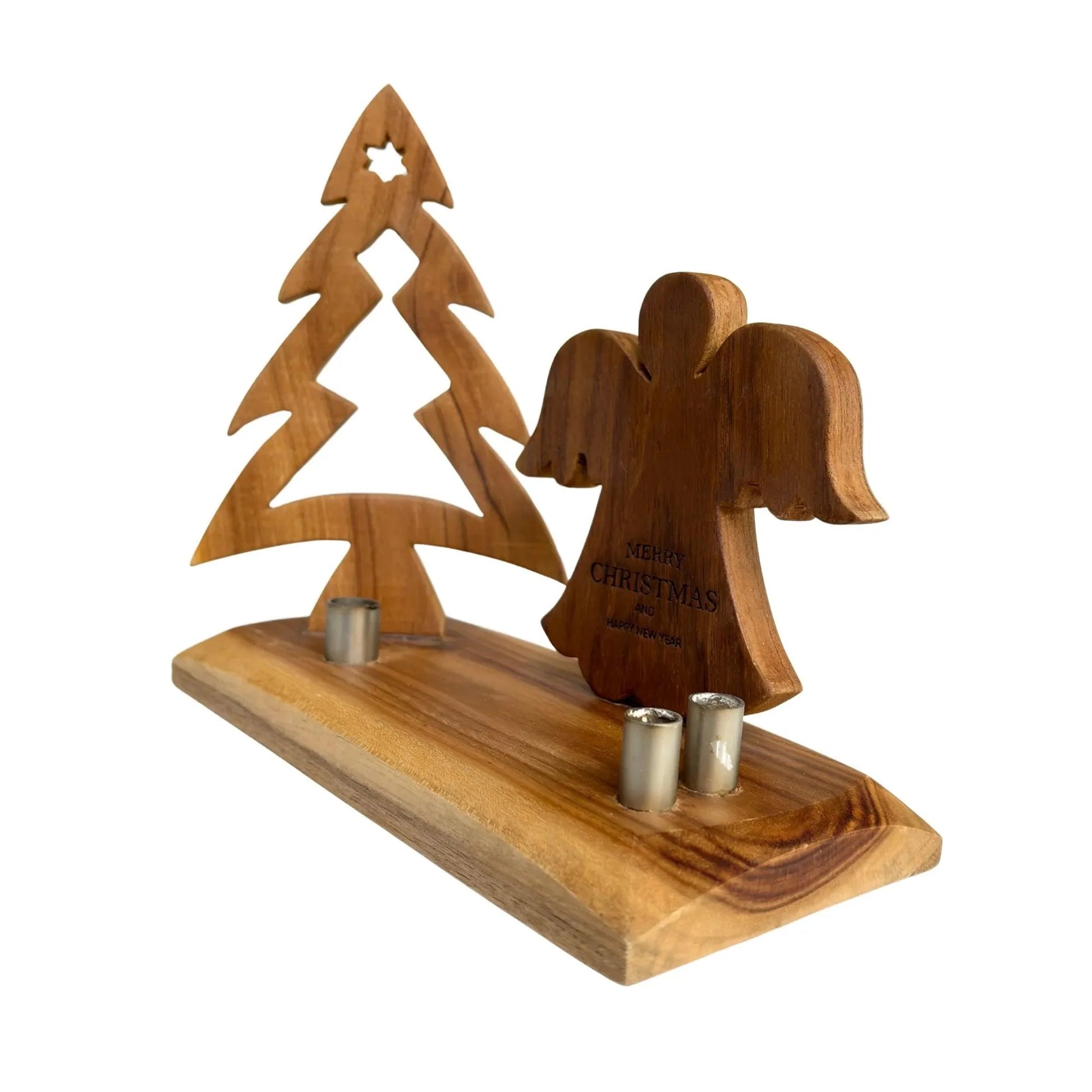 Wood Ceylon Christmas Tree with Angel wooden decoration with candle holders on a wooden base