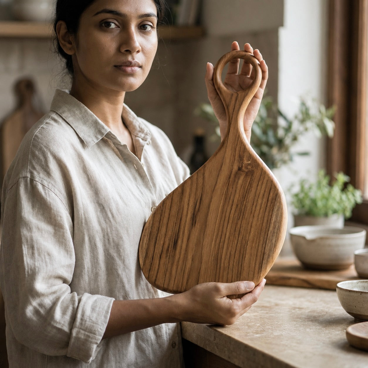 Teak cutting board with a sleek handle, perfect for food preparation