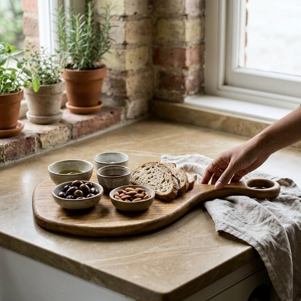 Teak cutting board in natural finish, ideal for serving snacks