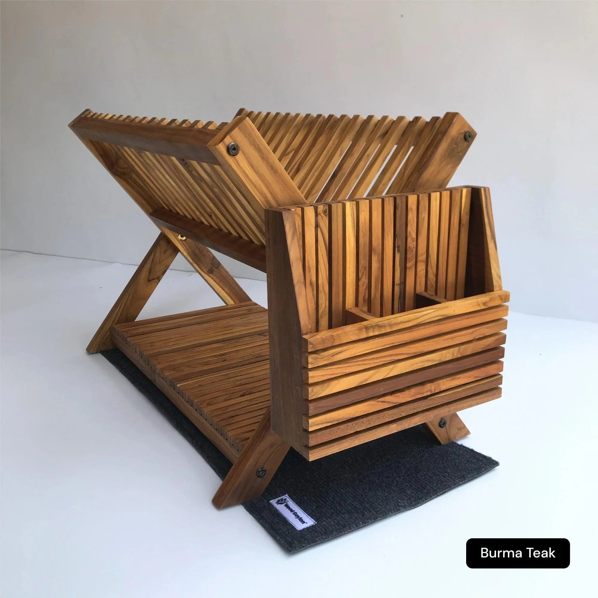 Wood Ceylon wooden dish drying rack made from Burma teak with slatted design and utensil holder