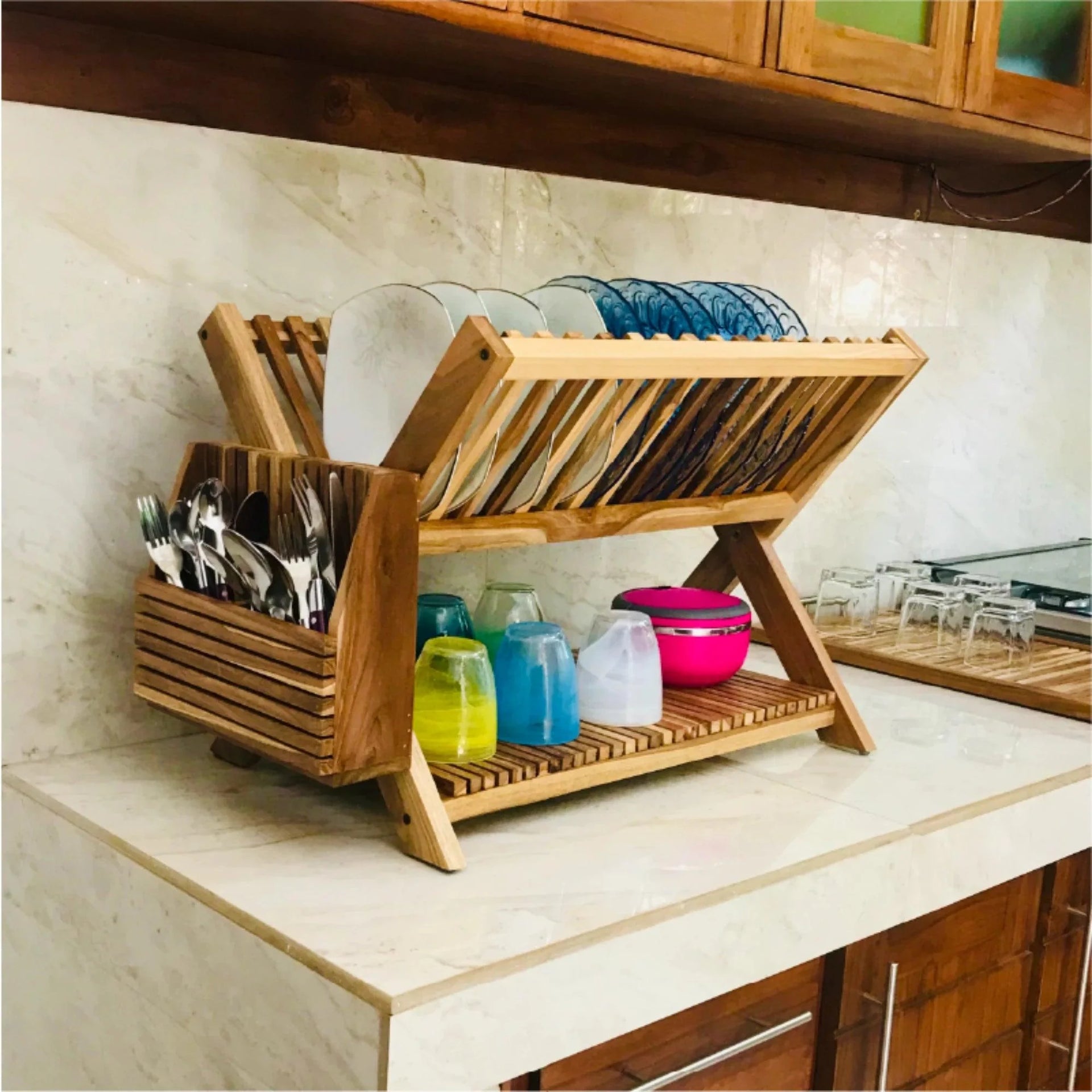 Handmade Teak Wood Dish Drying Rack with Utensil Holder Wood Ceylon
