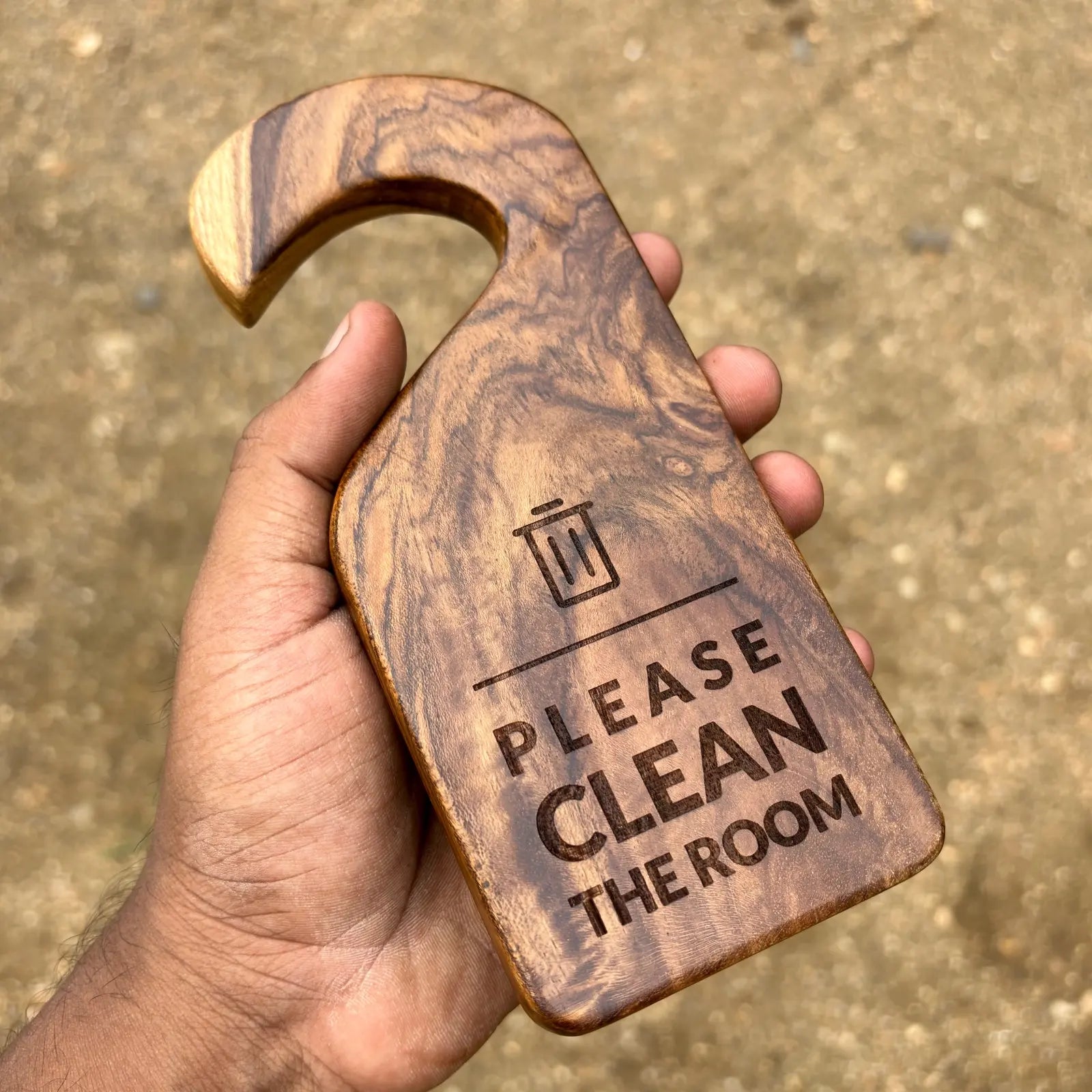 Wooden door sign hanger with Please Clean The Room text handcrafted by Wood Ceylon