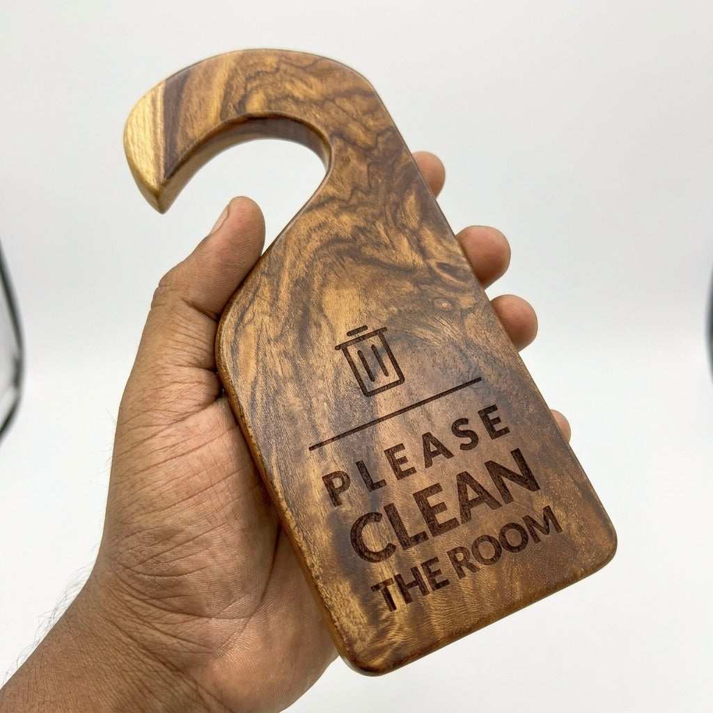 Wooden door sign hangers in polished teak with please clean the room message