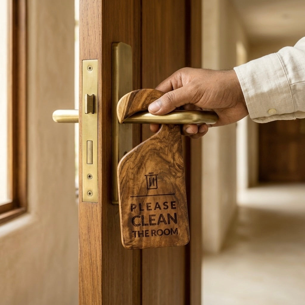 Teak wooden door sign hanger with Please Clean The Room text