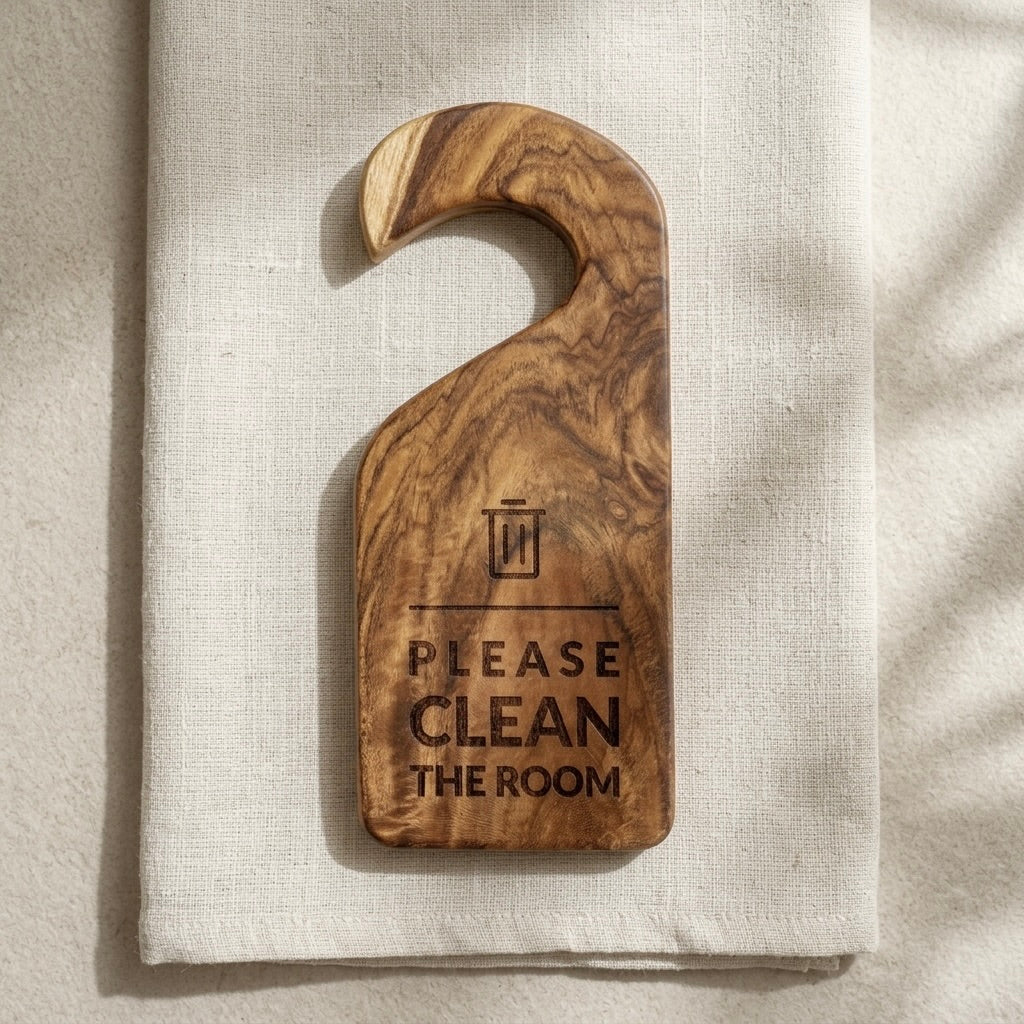 Teak wooden door sign hanger with engraved message, Please Clean The Room