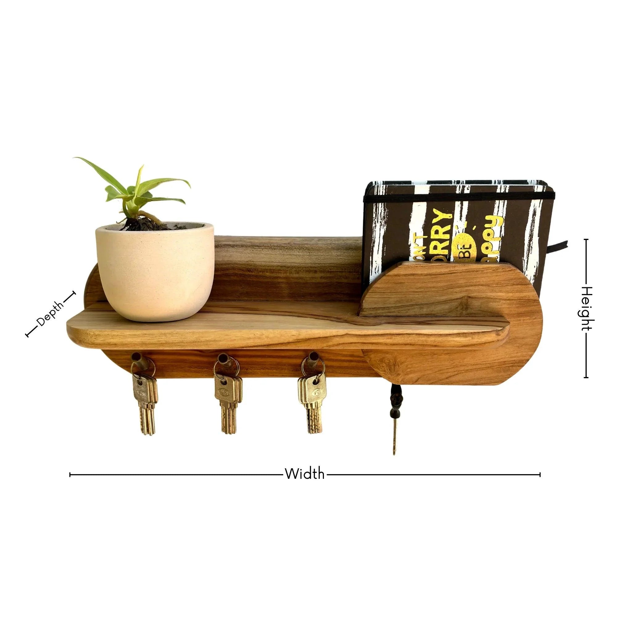 Wooden key holder with shelf featuring a planter and space for keys and accessories