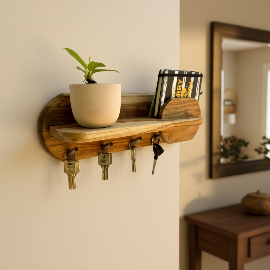 Teak Wooden Wall Key Holder with Shelf