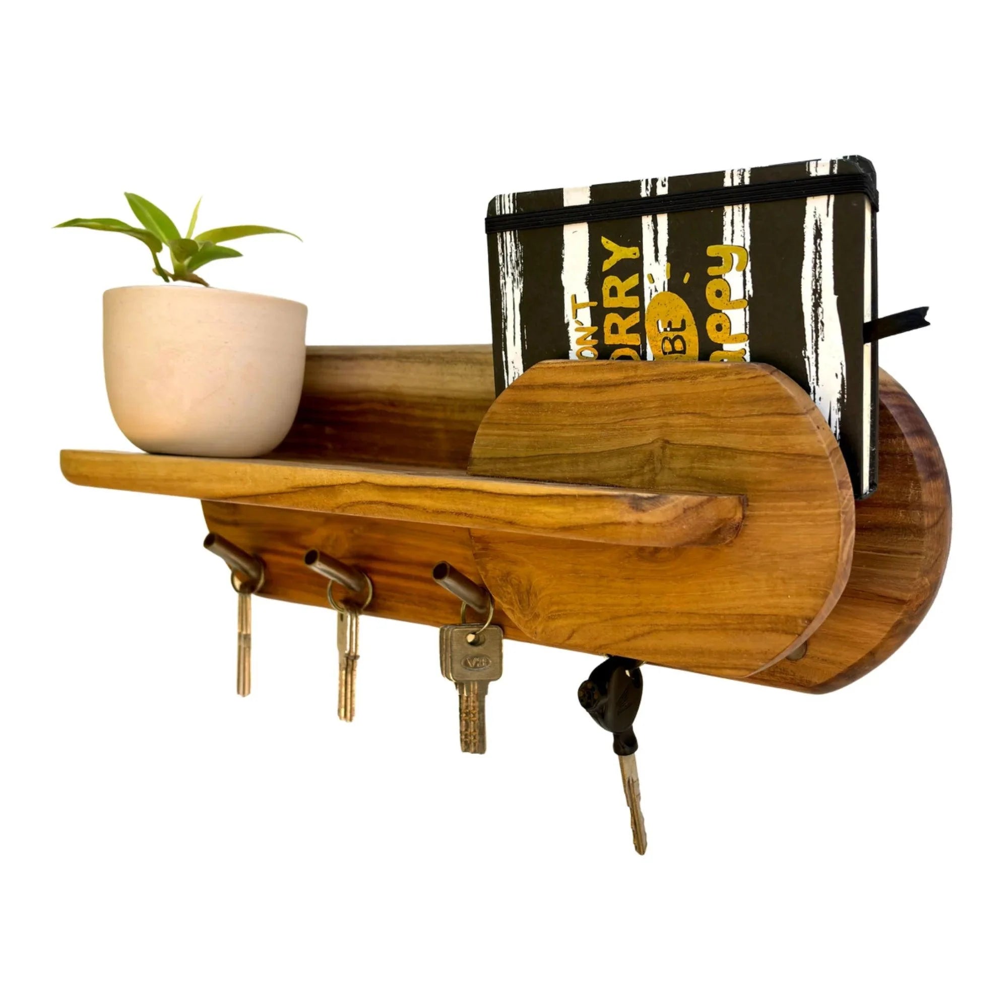 Wooden key holder with shelf featuring a sleek design and space for plants and notes