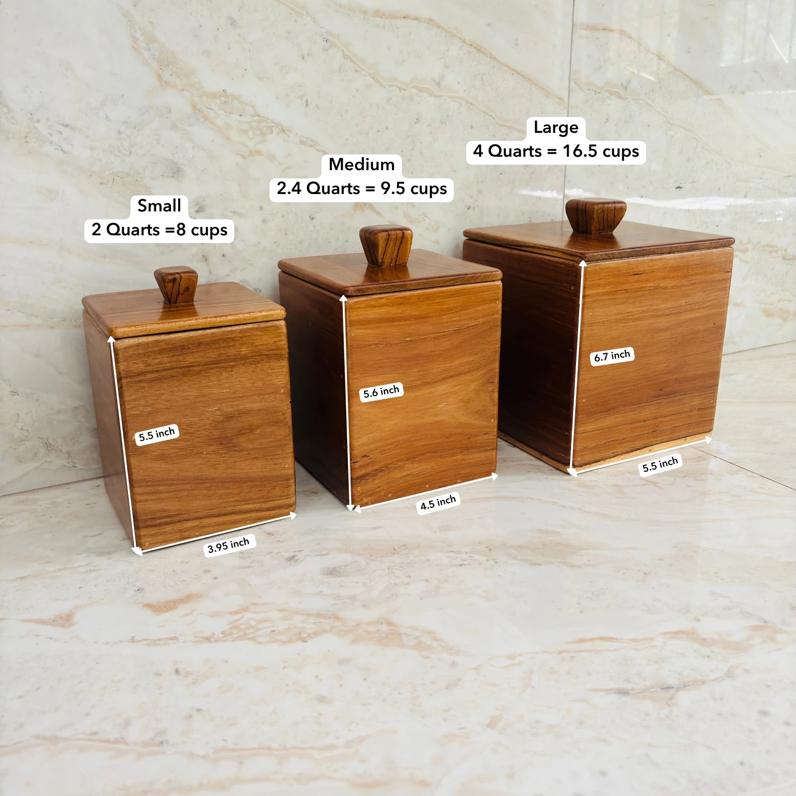Wood Ceylon kitchen canister set of 3 wooden containers with lids in small medium and large sizes
