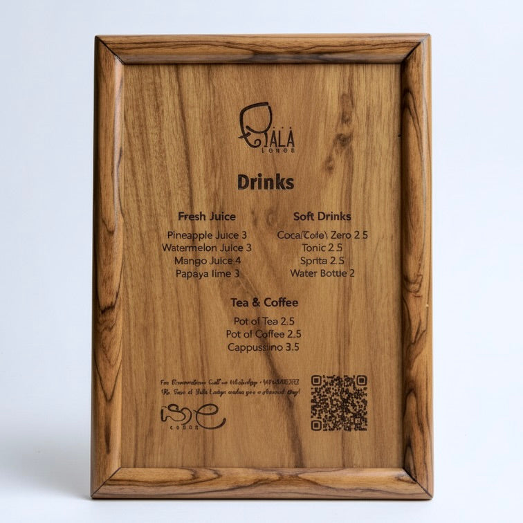 Wooden menu board made of teak with a natural finish for displaying beverages