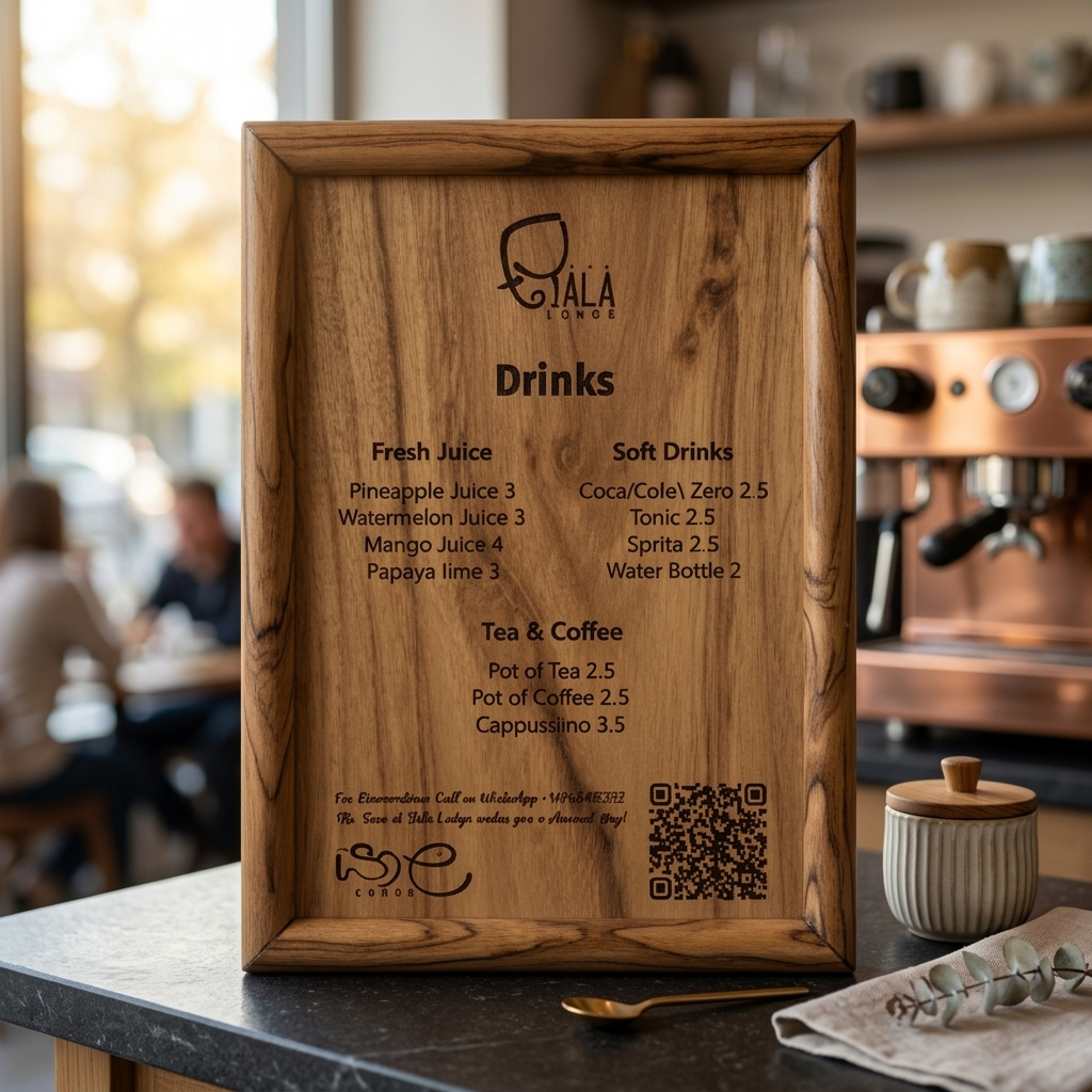 Wooden menu board made of teak featuring drink options