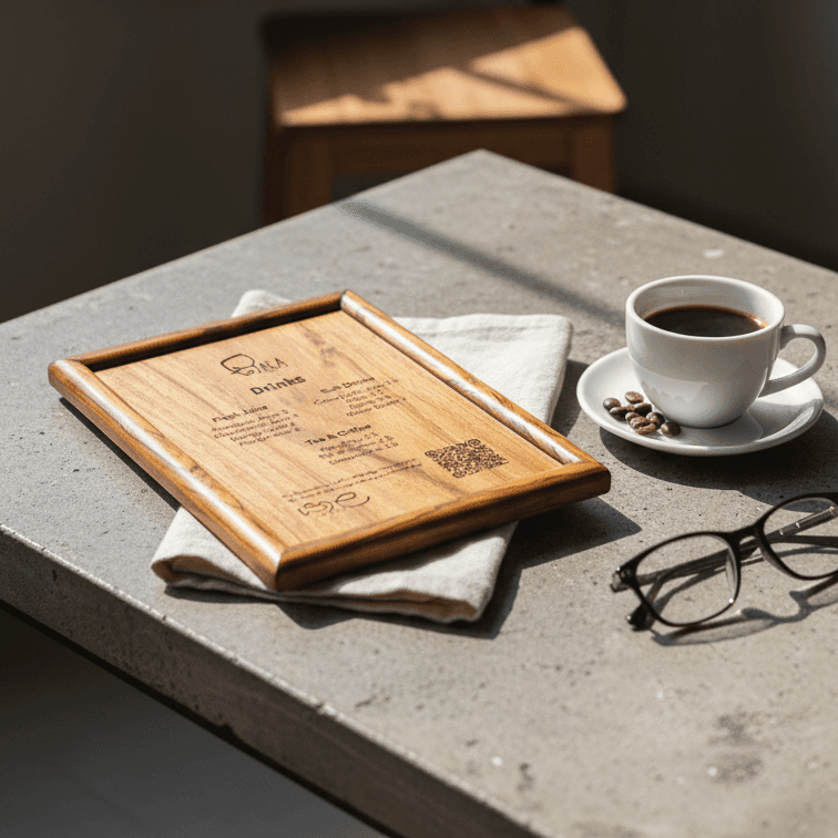 Wooden menu board made of teak, displaying drinks, on a table