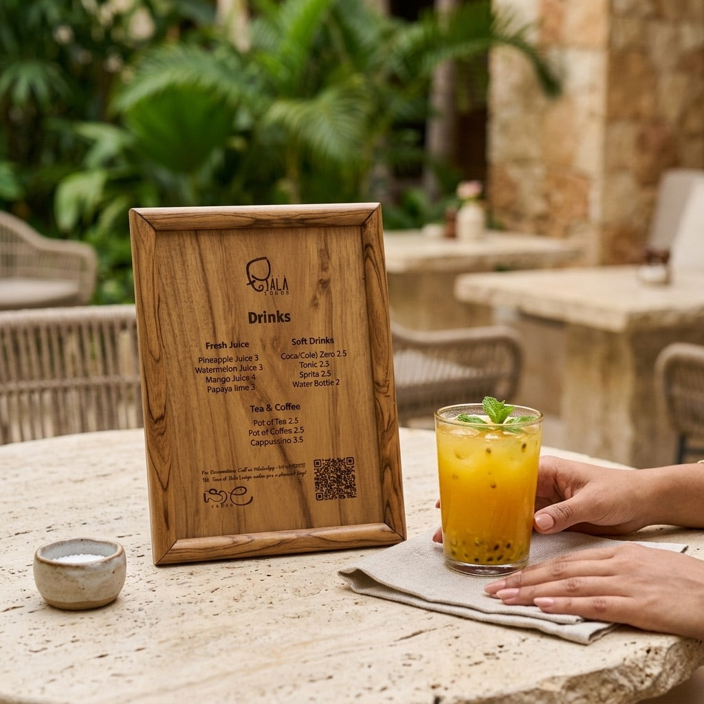 Wooden menu board in teak finish displaying drink options