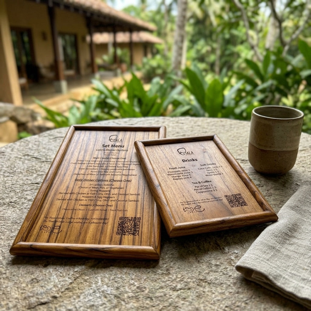 Teak wooden menu board in natural finish for displaying restaurant menus