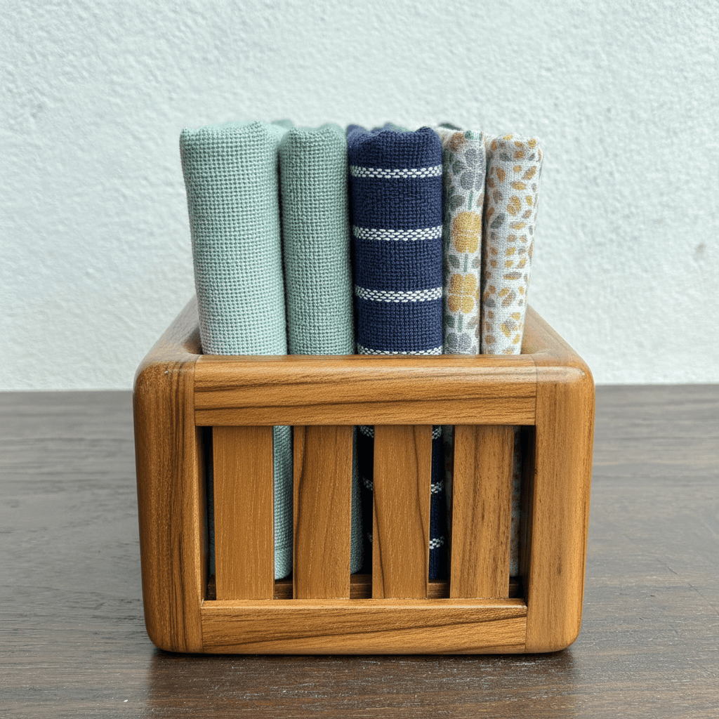 Teak wooden paper towel holder with stylish fabric napkins