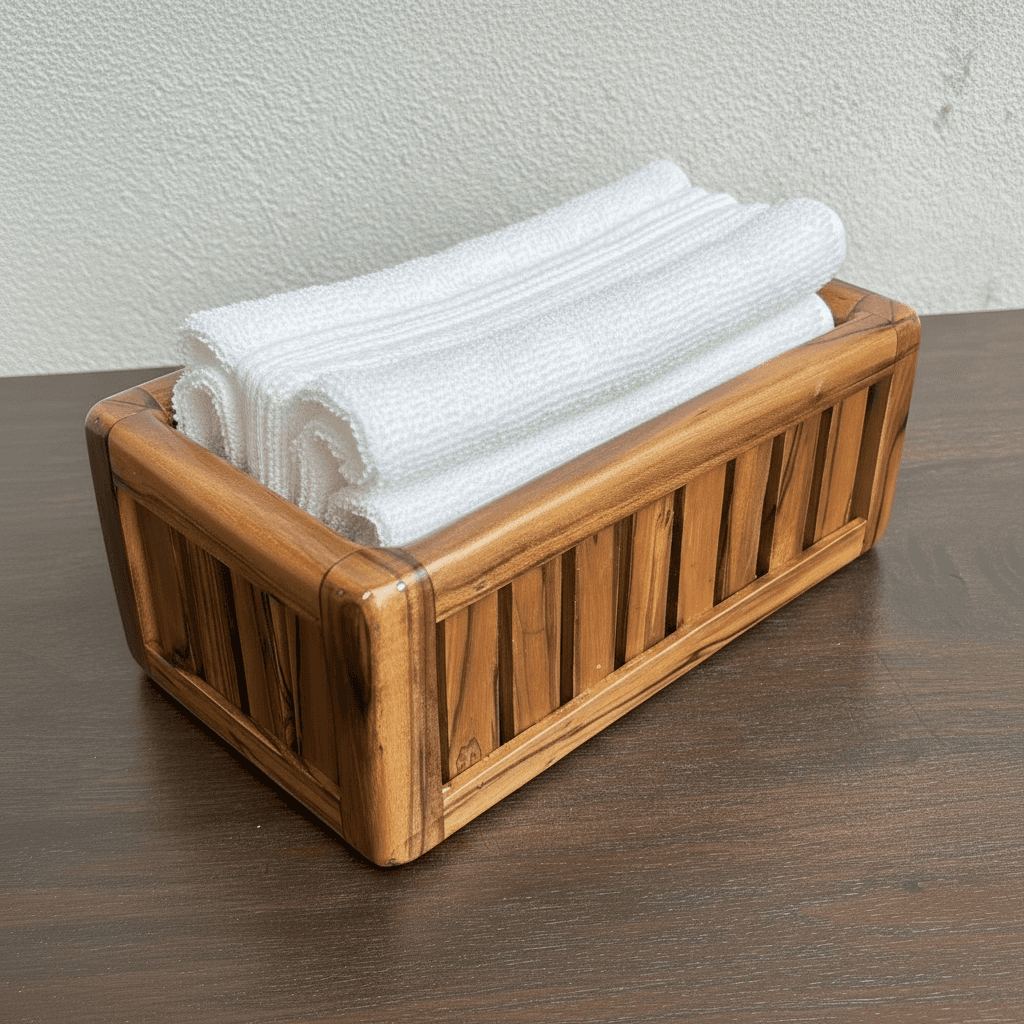 Teak wooden paper towel holder in natural finish, ideal for kitchen use